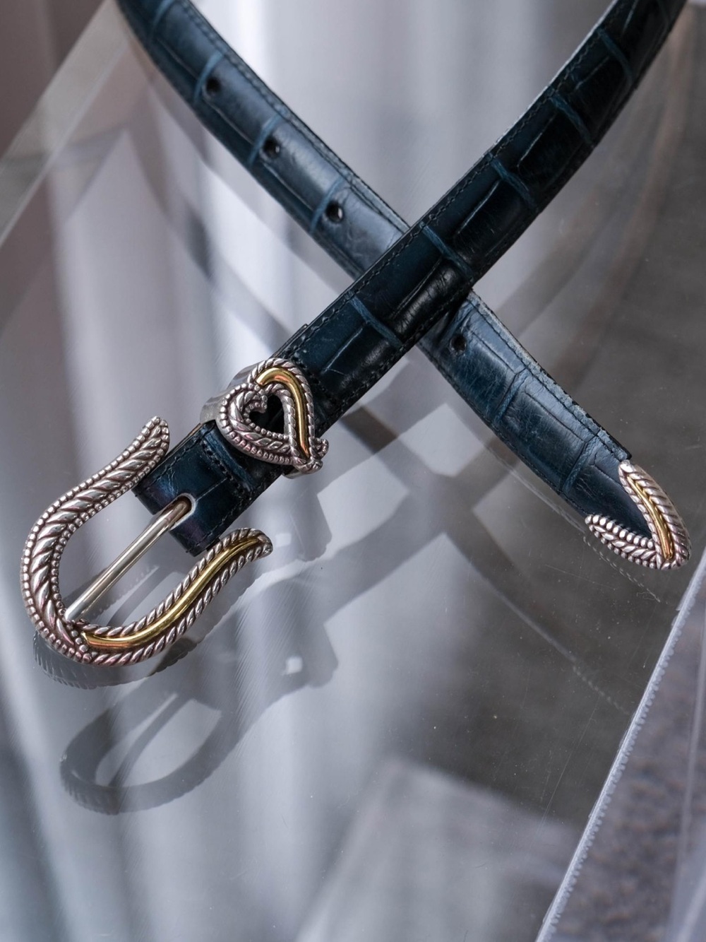 Brighton Navy Croc-Embossed Leather Belt with Two-Tone Rope Buckle M32